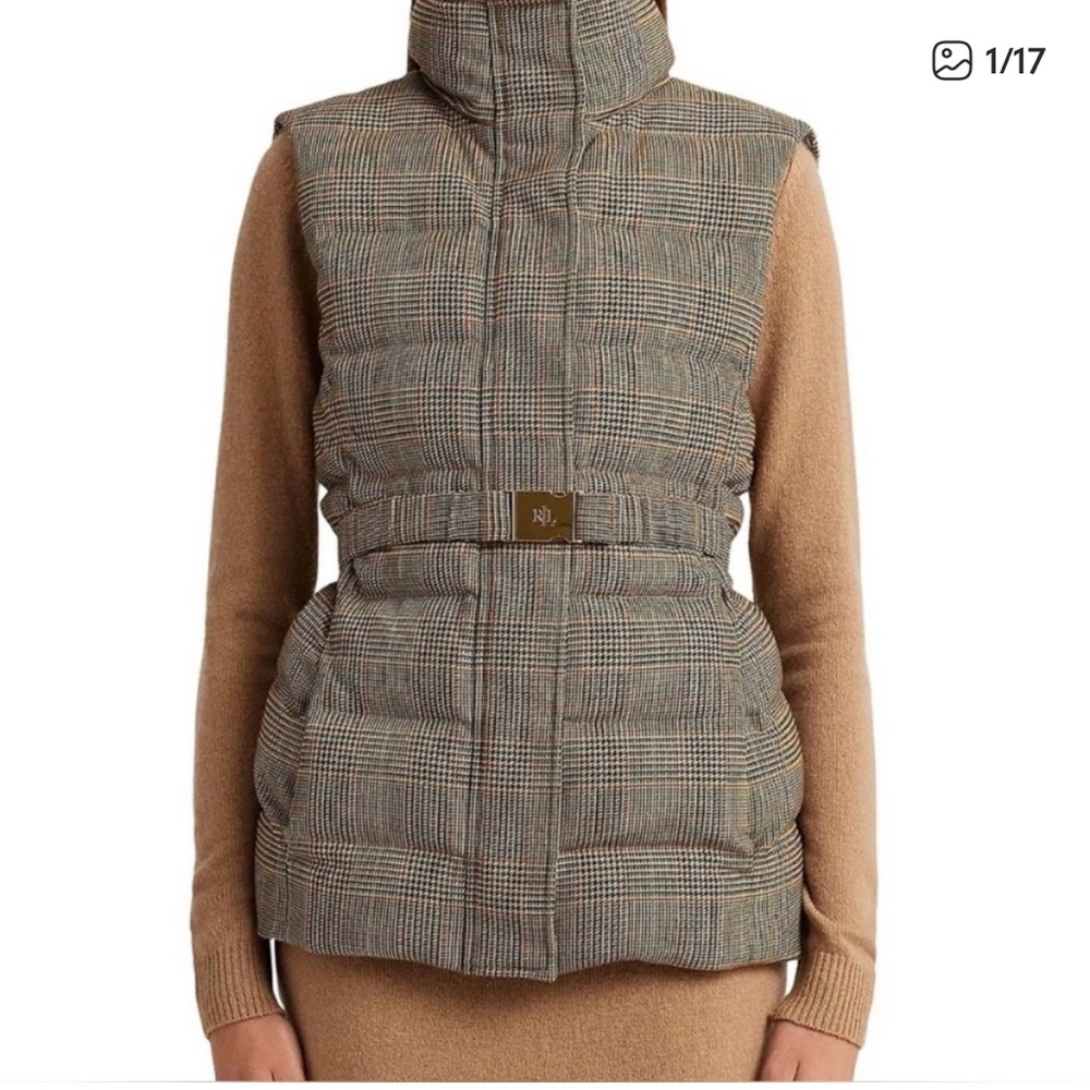 Ralph Lauren Tweed Plaid Puffer Vest with Belt